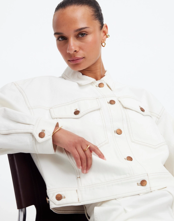 Button-Front Denim Jacket in Tile White