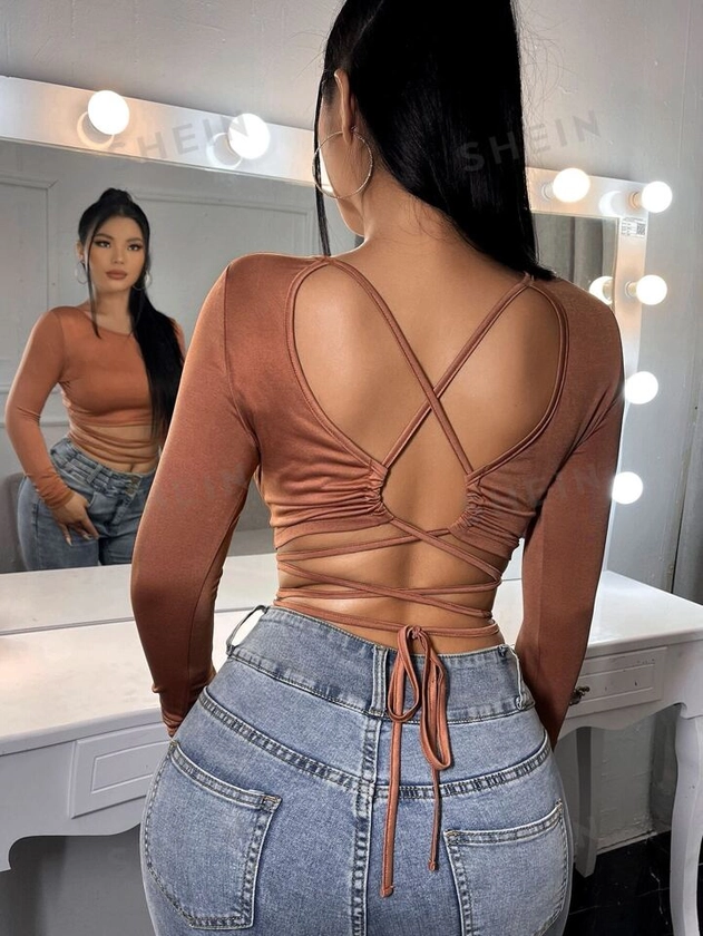 SHEIN SXY Solid Criss Cross Backless Tee