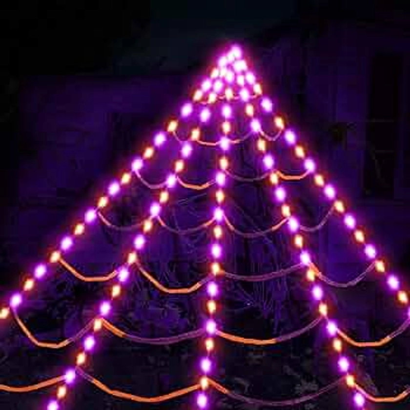 Halloween Spider Web Outdoor Decorations with Purple Orange Fairy Lights, 18.4FT Purple Orange Spider Web Light Up Web with 8 Modes, Timer, Waterproof Halloween Decor for Yard Party Haunted House