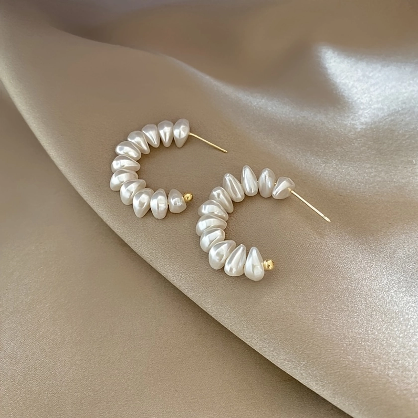 1pair Elegant C-Shaped Irregular Faux Pearl Stud Earrings With 925 Silver Needle, 18K Golden Plated Ear Jewelry For Teen Girls