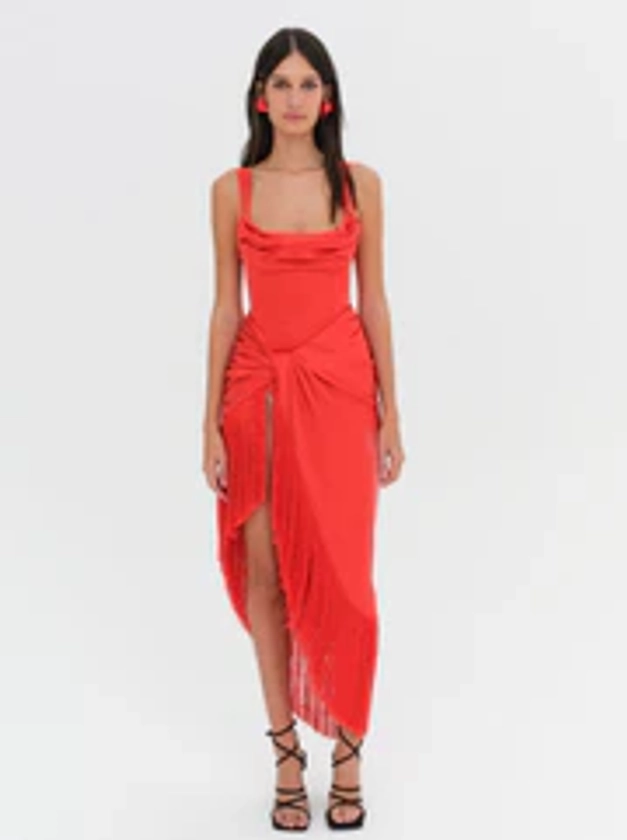 Anisa Fringe Midi Dress — Red