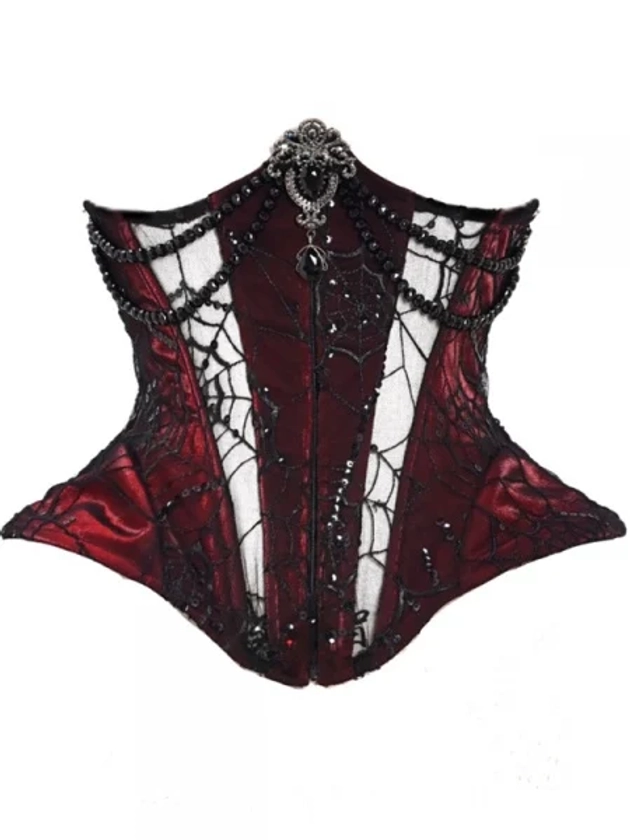 [$54.75]Victorian Goth Spiderweb Lace Wine Red Vampire Boned Corset