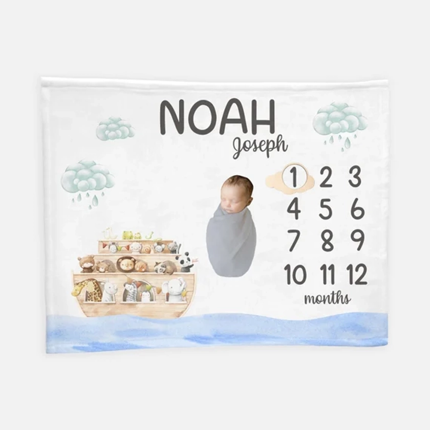 Noah&#39;s Ark Milestone Blanket, Personalized Baby Blanket, Monthly Baby Blanket, Noah&#39;s Ark Nursery Theme, Noah&#39;s Ark Baby Blanket S35