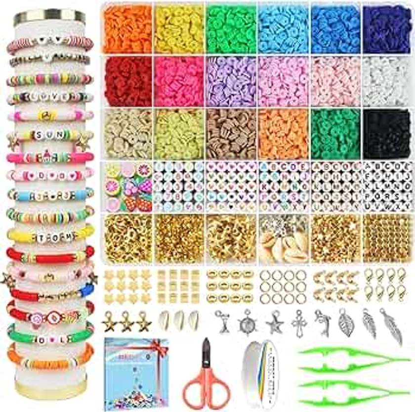 Redtwo 5100 Clay Beads Bracelet Making Kit, Flat Preppy Beads for Friendship Jewelry Making,Polymer Heishi Beads with Charms Gifts for Teen Girls Crafts for Girls Ages 8-12