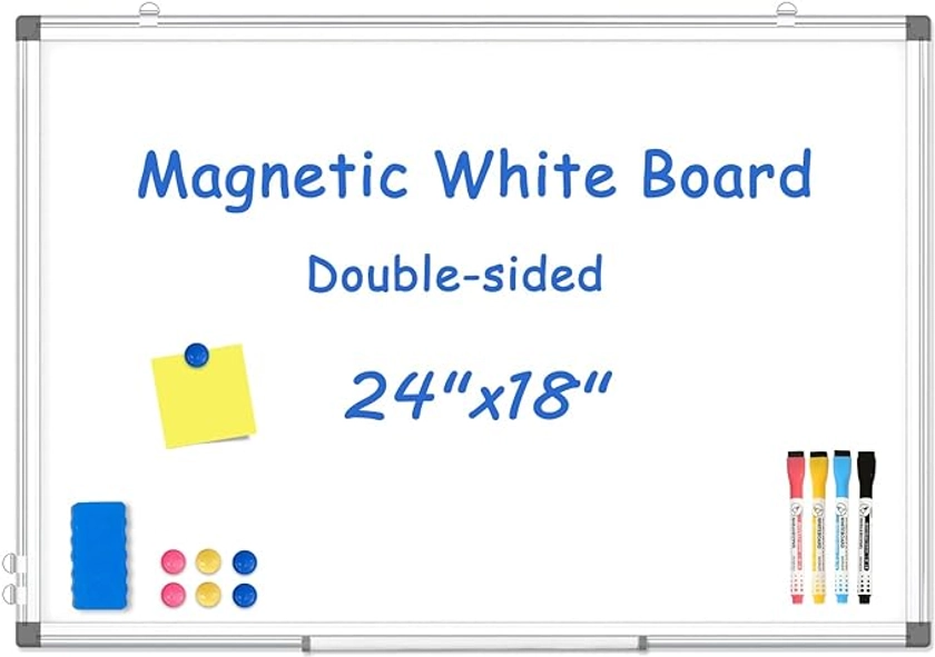 WALGLASS Double-Sided White Board, 24" x 18" Dry Erase Board Magnetic Whiteboard for Wall, Hanging Mounted Whiteboard Silver Aluminium Frame for Home, School, Office, Kitchen