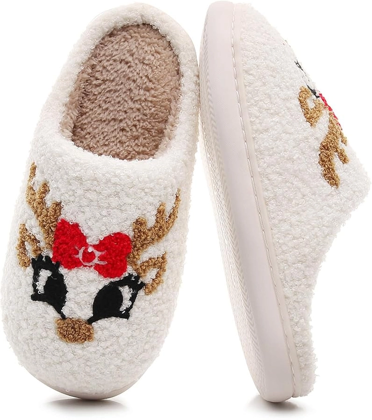 Menore Christmas Reindeer Slippers for Womens Mens Plush Warm Santa Claus Slippers Fuzzy House Slippers Christmas Gifts For Girls Women Girlfriend