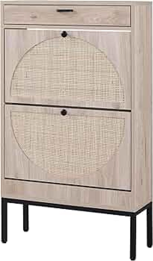 XIAO WEI Shoe Cabinet, Natural Semi Circle Rattan Shoe Storage Organizer Cabinet with 2 Flip Drawers, Freestanding Shoe Rack with Adjustable Shelf for Entryway