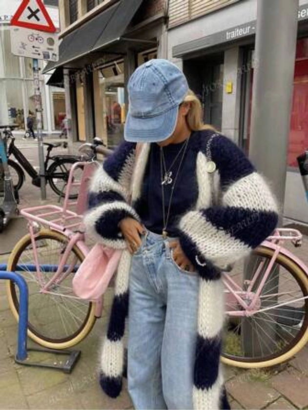 Nouveau cardigan tricoté à manches longues, avec de larges rayures en couleurs profondes pour l'automne et l'hiver. Manteau long élégant pour les déplacements quotidiens des femmes | Mode en ligne | SHEIN FRANCE