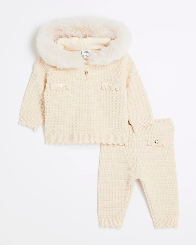 Baby Girls Cream Knitted Hooded Poncho Set | River Island