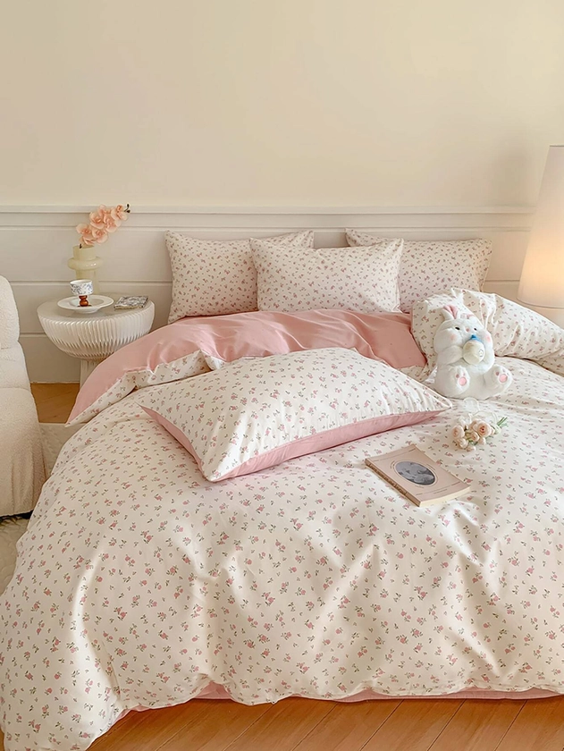 3pcs Pink Rose Print Bedding Set, 2 Pillow Cases + 1 Duvet Cover | SHEIN UK
