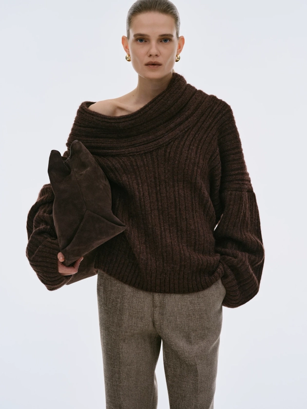 Becca Oversized High Roll Knit Pullover, Chocolate