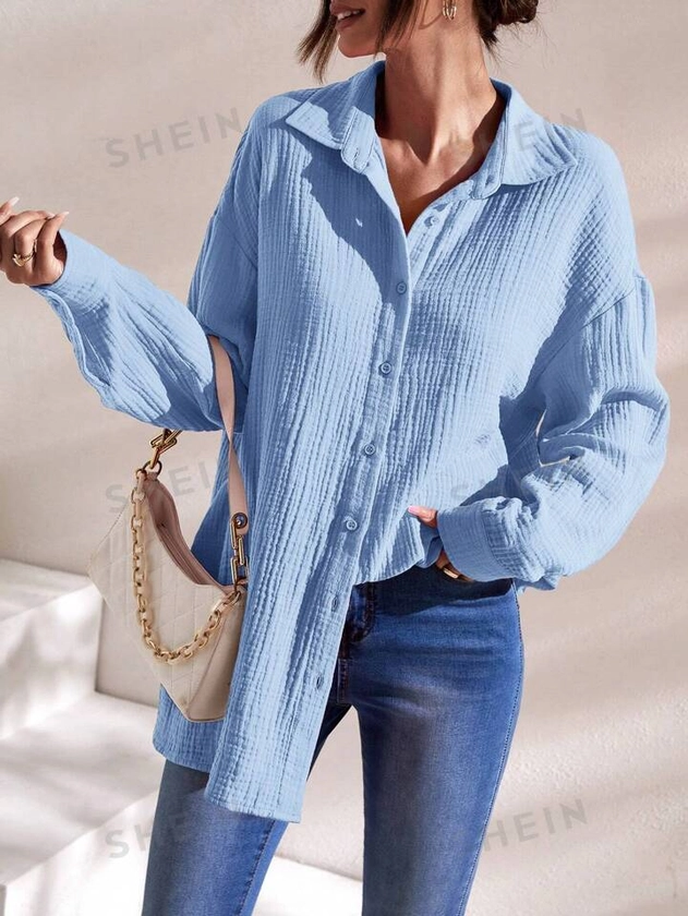 SHEIN Frenchy Solid Drop Shoulder Button Front Shirt | SHEIN USA