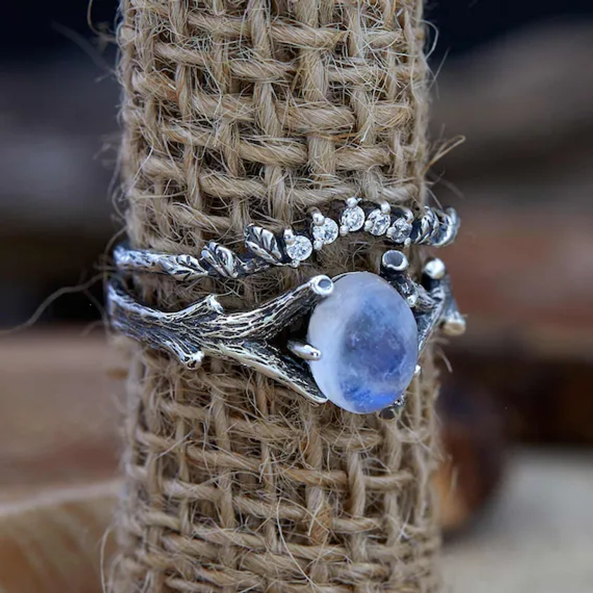 Moonstone Twig Engagement Ring Set Sterling Silver, Handmade Ring with gemstones Unique Nature Inspired engagement ring for Her