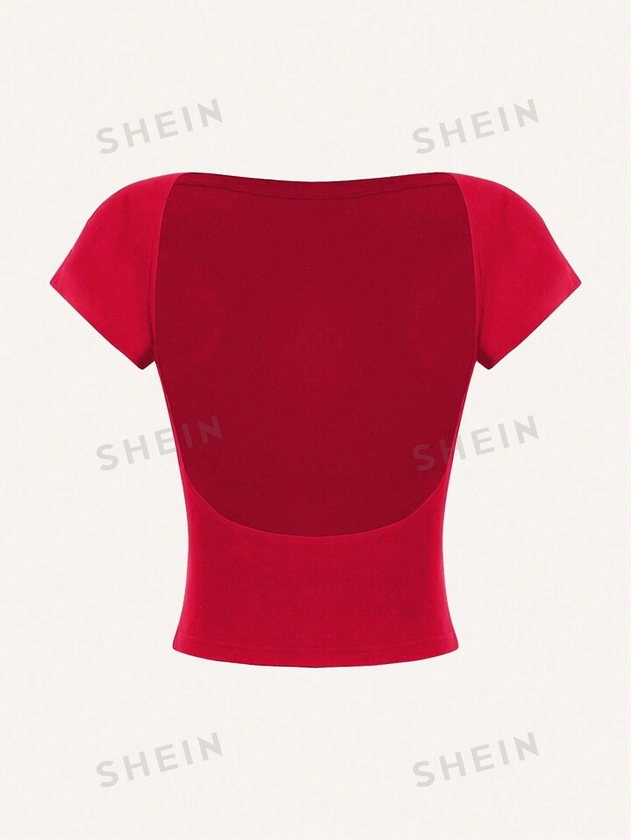 SHEIN EZwear T-shirt Décontracté À Manches Courtes Slim Fit Sans Dos, Convient Pour L'été