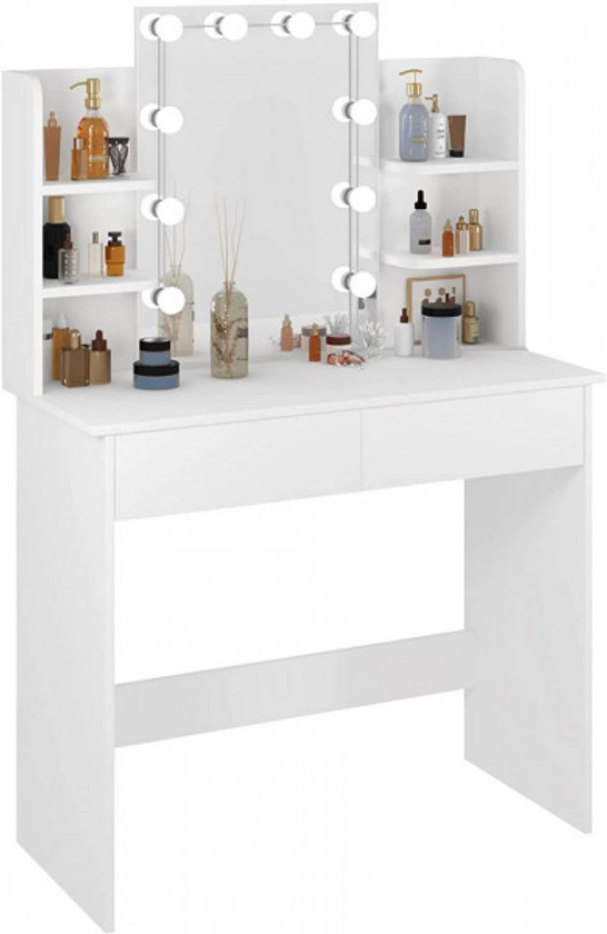 WOLTUCoiffeuse avec Miroir LED à Luminosité Réglable, Table de Maquillage avec 2 Tiroirs et 4 Étagères de Rangement, Meuble Chambre Style Moderme en Bois, Blanc