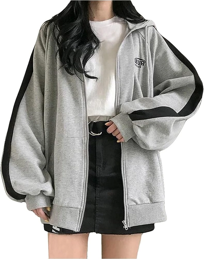 Womens Zip Up Hoodie Oversized Plus Size Cute Grunge Aesthetic Y2K Hoodie for Teen Girls Vintage Baggy Sweatshirt
