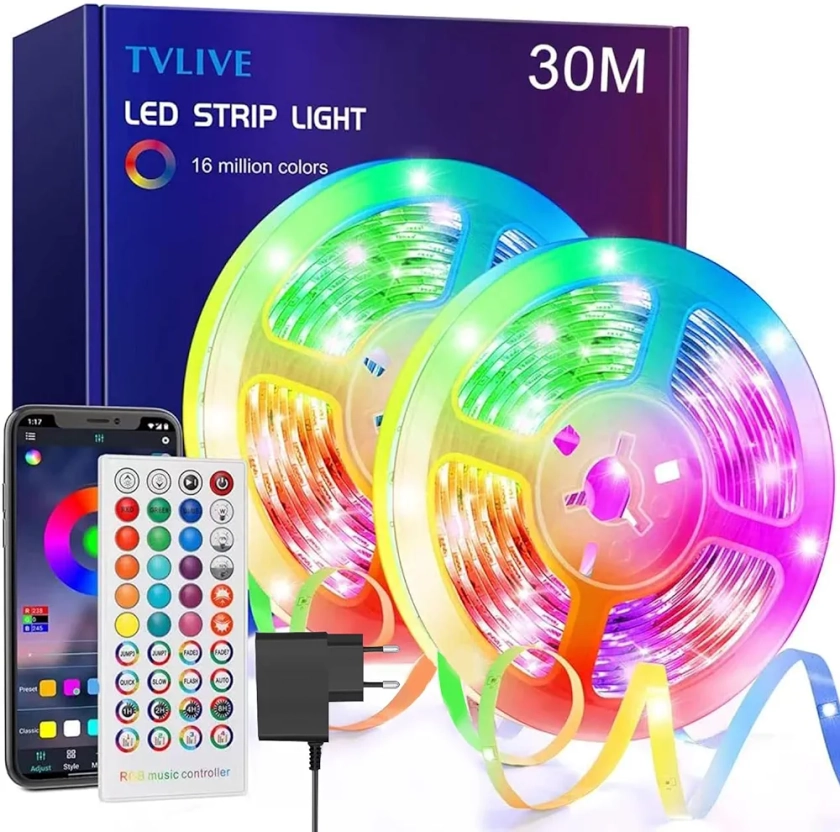 Ruban LED 30M(15x2) RGB Bande LED Multicolore App Contrôle, Led Ruban avec Télécommande à 40 Touches, Synchroniser avec Rythme de Musique/Fonction de Minuterie, pour Décoration, Cuisine, Mariage