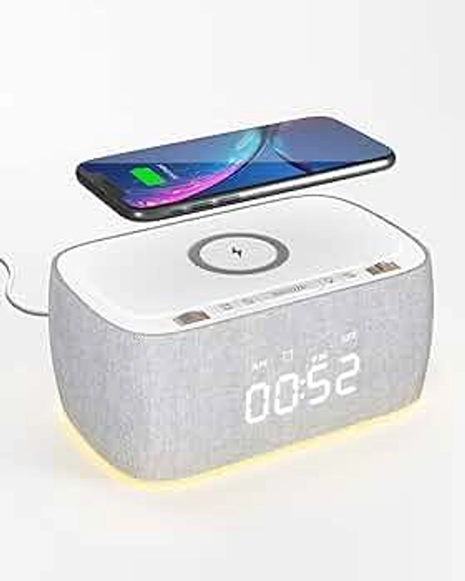 EZVALO Digital Alarm Clock Radio, 10W Wireless Charging Station, Bluetooth Speaker, Night Light, Dimmable LED Display, Dual Alarm, USB Charging Port, Adjustable Volume, Alarm Clocks for Bedrooms
