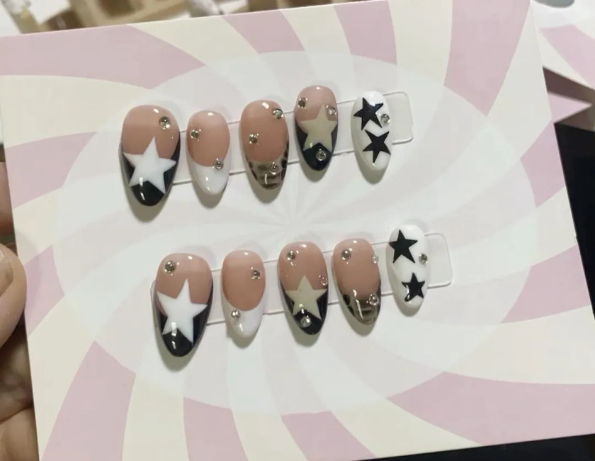 hand painted star french nails / hand painted nail /custom press on nails/ hand made Press on Nails/Faux Acrylic Nails/ y2k Nail