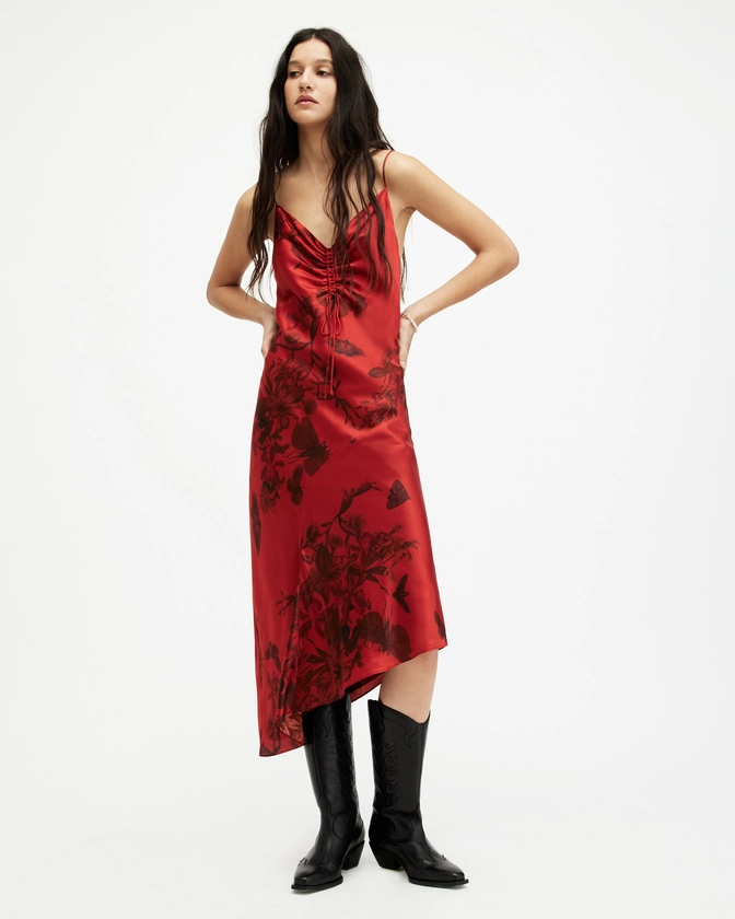 Alexia Silk Blend V-Neck Midi Slip Dress Rust Red | ALLSAINTS