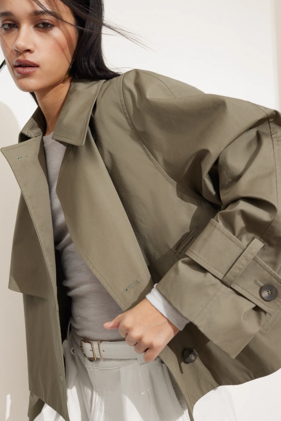 Short Trench Coat Jacket - Long sleeve - Cropped - Khaki - Ladies | H&M GB