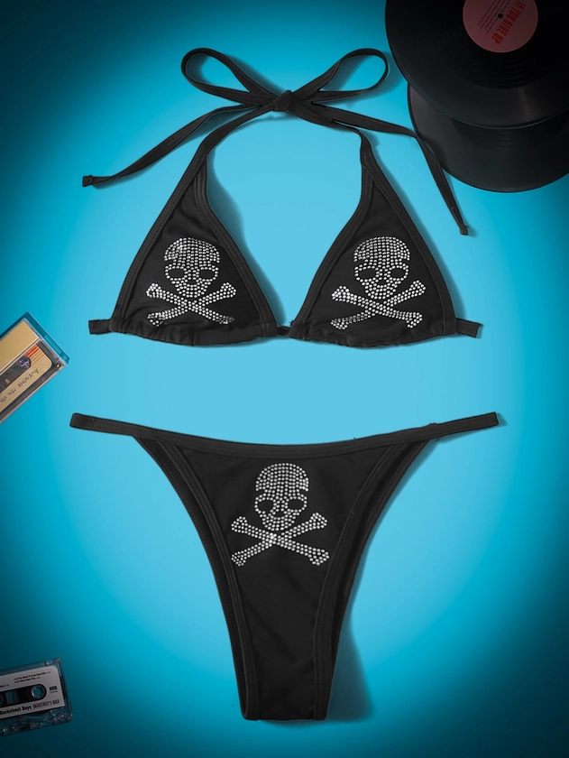 ROMWE Grunge Punk Skull Rhinestone Bikini Set Triangle Bra & Thong Bottom 2 Piece Gothic Bathing Suit