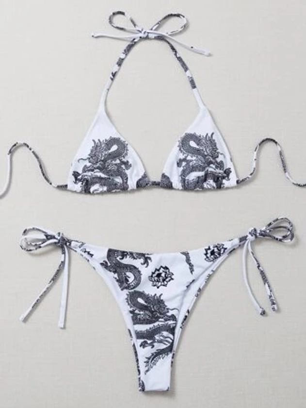 SHEIN Swim Y2GLAM Chinese Dragon Bikini Set Triangle Bra & Thong Bottom 2 Piece Bathing Suit | SHEIN USA