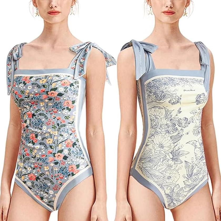 Women Floral One Piece Swimsuits, Reversible Tie Shoulder Monokini, Tummy Control Bathing Suits, Square Neck Swimwear Blue at Amazon Women’s Clothing store
