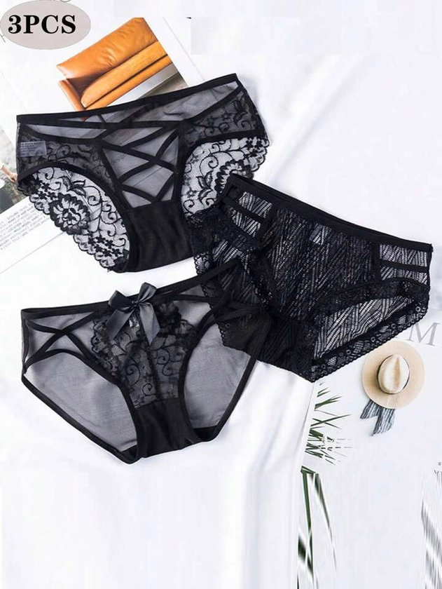 3 piezas de ropa interior sexy para mujeres, tentación lencería transparente, calzoncillos huecos para niñas con encaje de malla de hilo