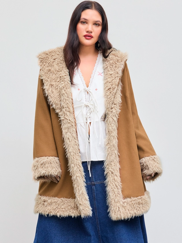 Faux Shearling Faux Shearling Collar Solid Jacket Curve & Plus