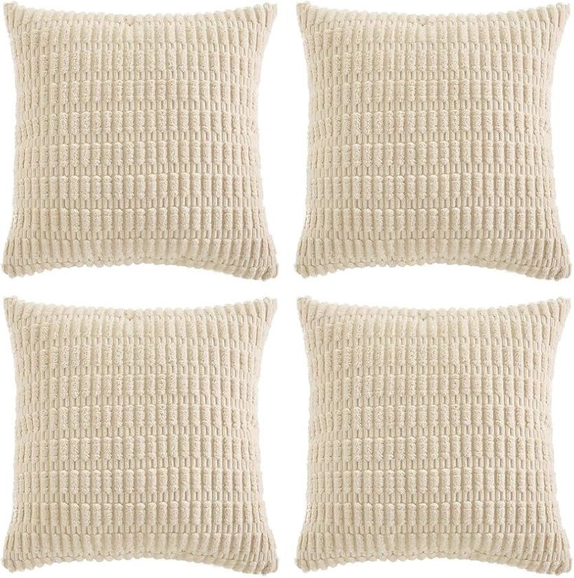 Fancy Homi 4 Packs Boho Cream Decorative Throw Pillow Covers 12x12 Inch for Living Room Couch Bed Sofa, Rustic Modern Farmhouse Home Decor, Soft Plush Corduroy Beige Cute Square Cushion Case 30x30 cm