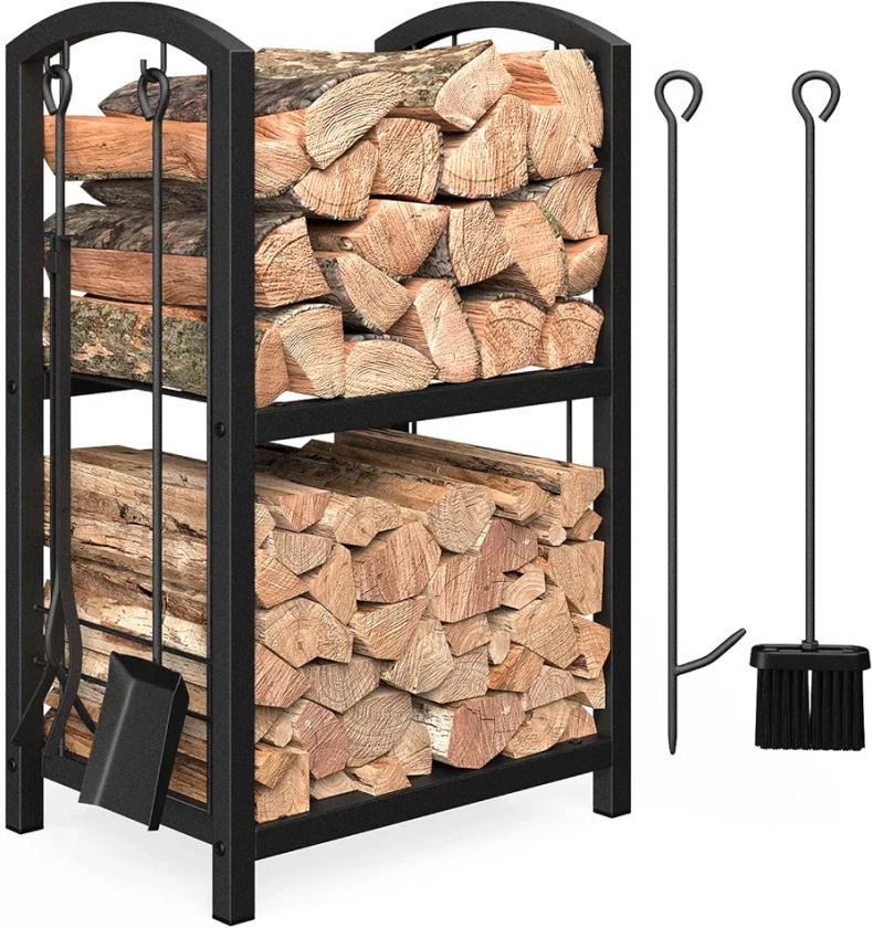 Mr IRONSTONE Firewood Rack with Fireplace Tools Set, Fireplace Tool Rack for Indoor Outdoor Fire Log Holder Wrought Iron Large Wood Stove with Firepit Tools, Brush, Shovel, Poker, Tongs, Black