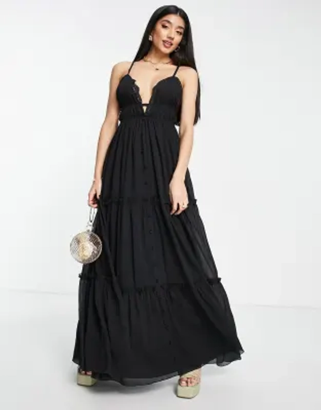 ASOS DESIGN - Robe longue boutonnée à volants étagés et finitions en dentelle - Noir