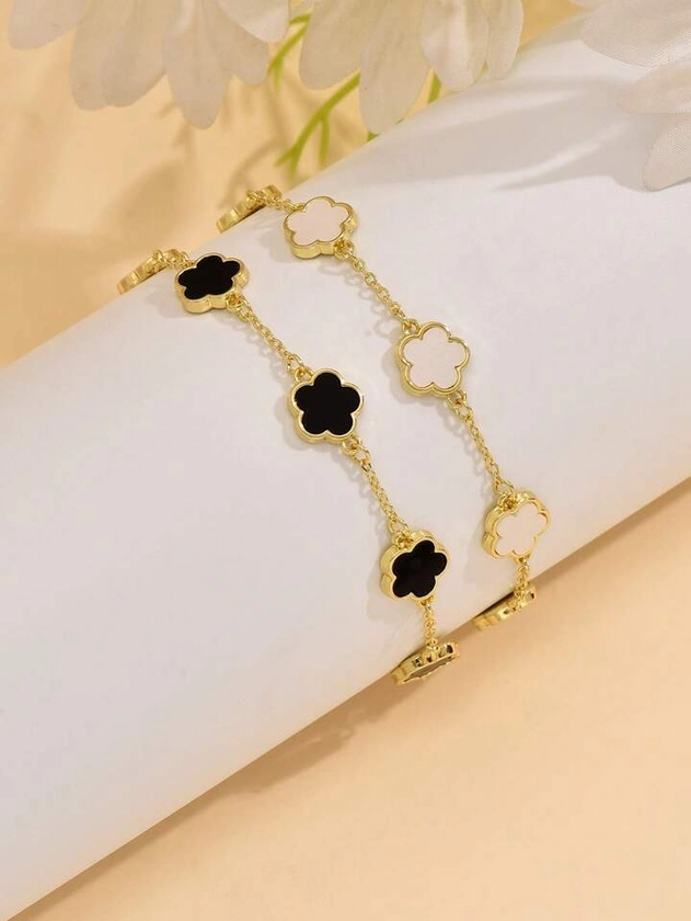 2pcs/set Simple & Fashionable Five Petals Copper Bracelet For Women, Suitable For Dating, Graduation, Daily Wear, Etc.