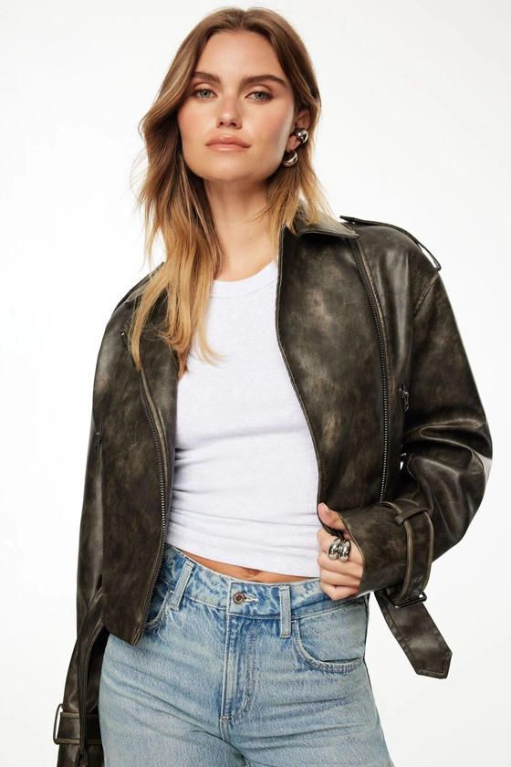 Belted Faded Faux Leather Biker Jacket