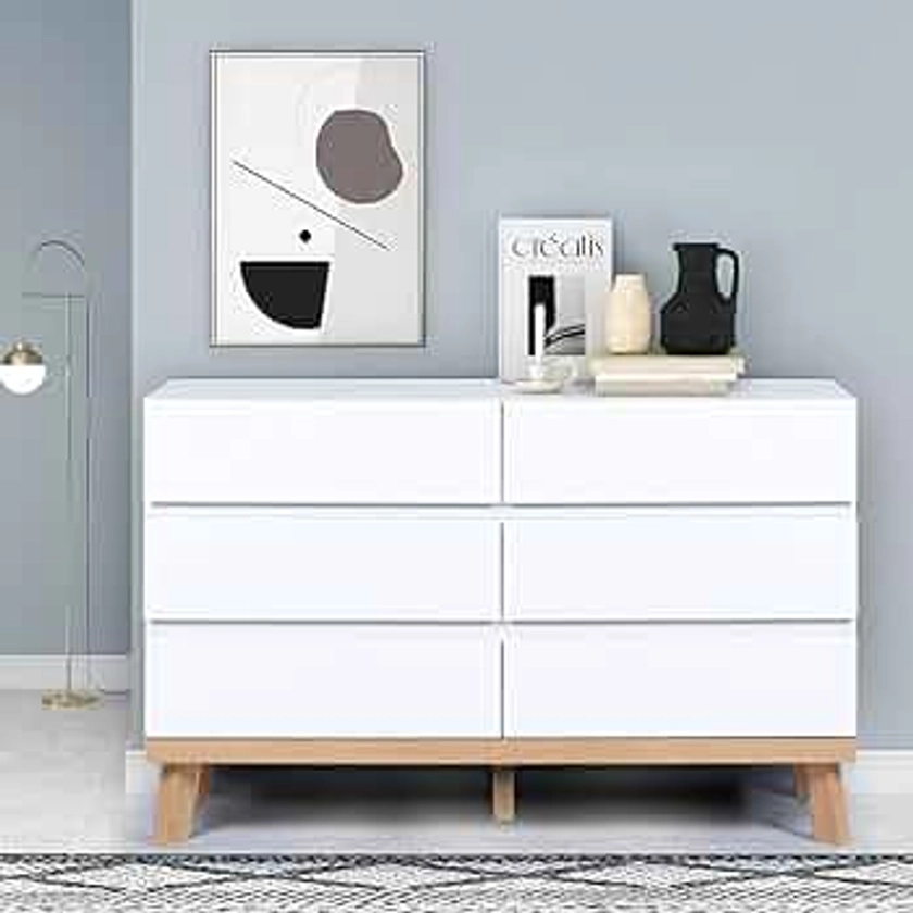 YIGOBUY White Dresser for Bedroom 6 Drawer Double Dresser Chest of Drawers Large Storage Cabinet Wooden Dresser for Bedroom, Living Room, Hallway (White)