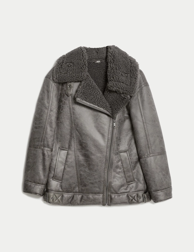 Faux Shearling Borg Lined Aviator Jacket