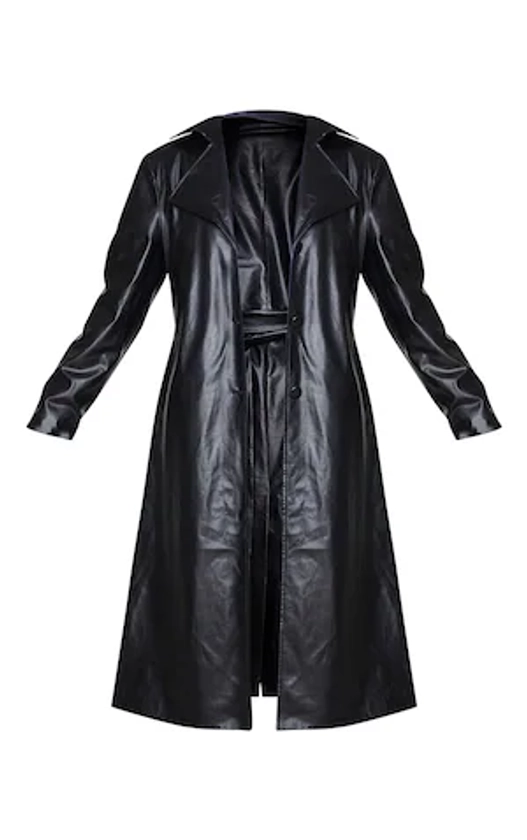 Black Faux Leather Collar Belted Maxi Trench