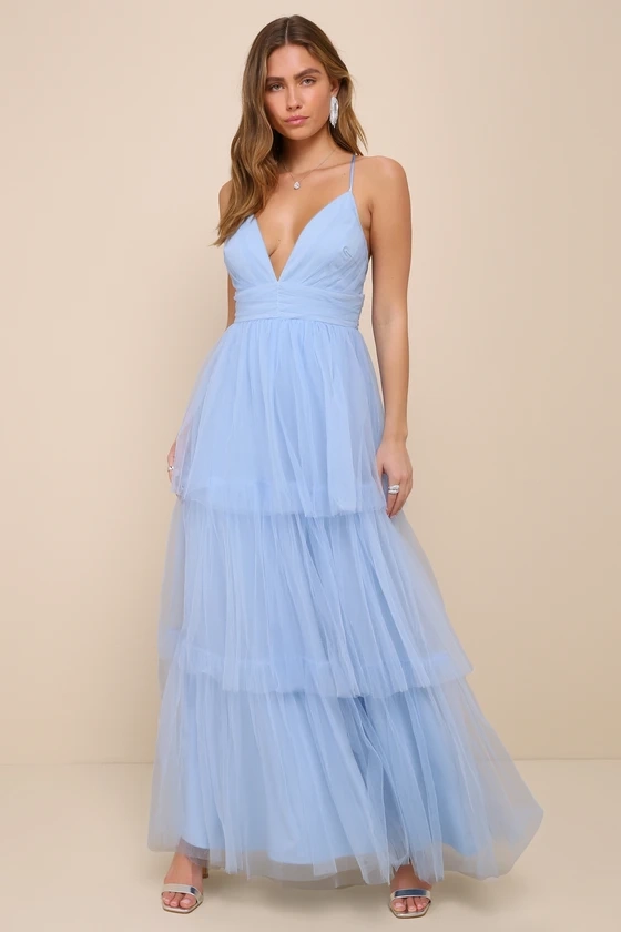Charming Glamour Light Blue Tulle Sleeveless Tiered Maxi Dress