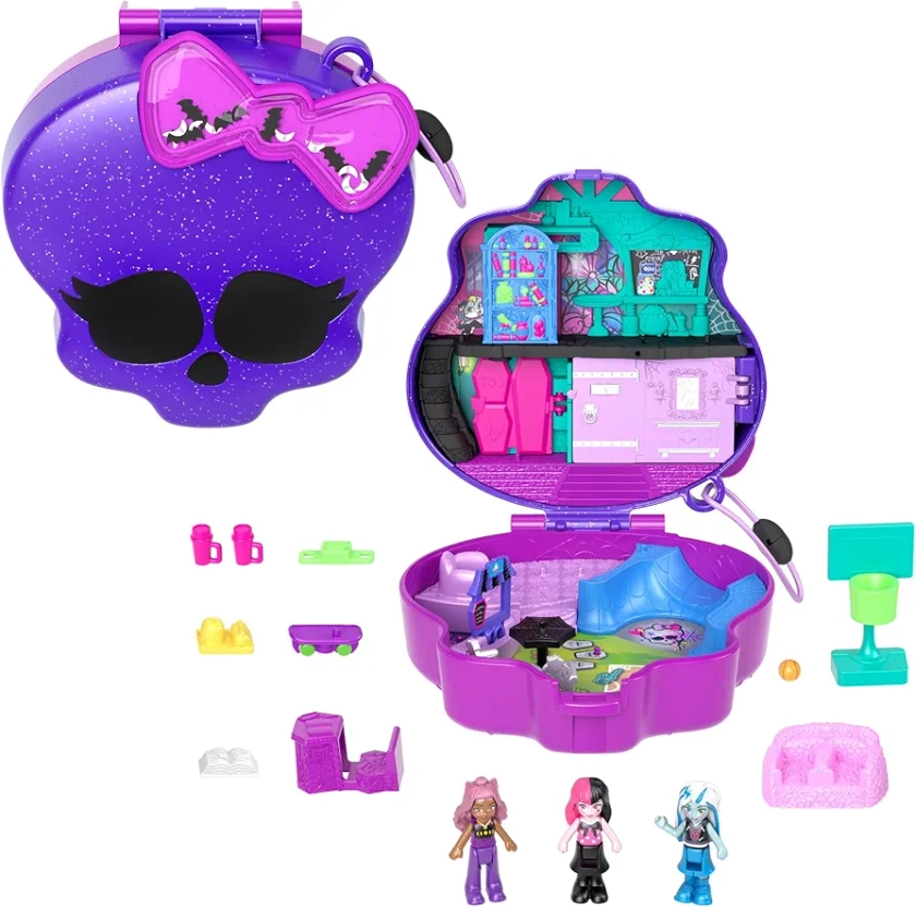 Polly Pocket Monster High Playset with 3 Micro Dolls & 10 Accessories, Opens to High School, Collectible Travel Toy with Storage, HVV58