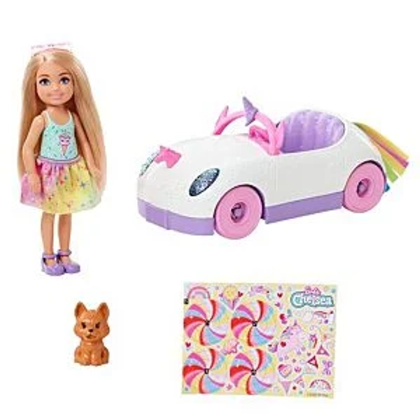 Barbie Club Chelsea Doll & Toy Car, Unicorn Theme, Blonde Small Doll, Puppy, Stickers & Accessories