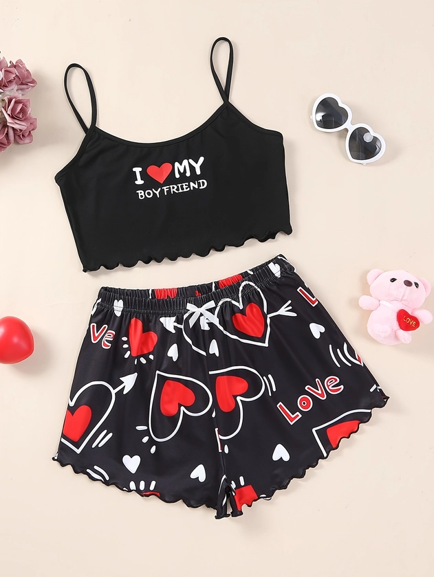 Conjunto de pijama com estampado casual de corações e slogan, top de alças com acabamento em alface e calções elásticos para o Dia * Namorados, roupa de dormir e loungewear para mulheres