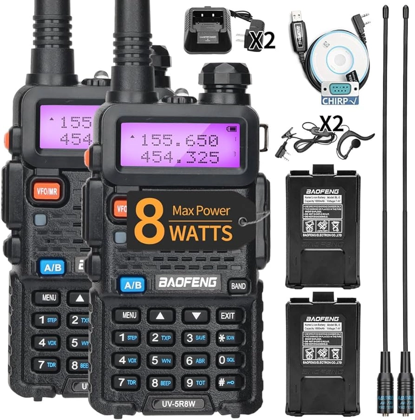 BAOFENG UV-5R 8W Ham Radio Long Range UV5R Handheld High Power Dual Band VHF UHF Walkie Talkies with Programming Cable and Earpiece (Black+2Pack Full Set)