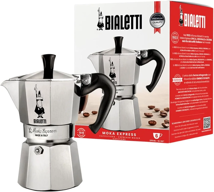 Bialetti - Moka Express: La Cafetière Expresso Iconique, Le Vrai Café Italien, Cafetière 6 Tasses (270 Ml), Aluminium, Argenté