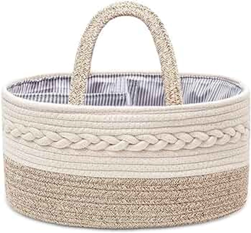 JiA QAQ Baby Nappy Caddy Organiser,Portable Cotton Rope Woven diaper Caddy-Nursery Storage, DIY Basket with Changeable Compartments, Newborn Shower Gift Tote Bag (Beige)