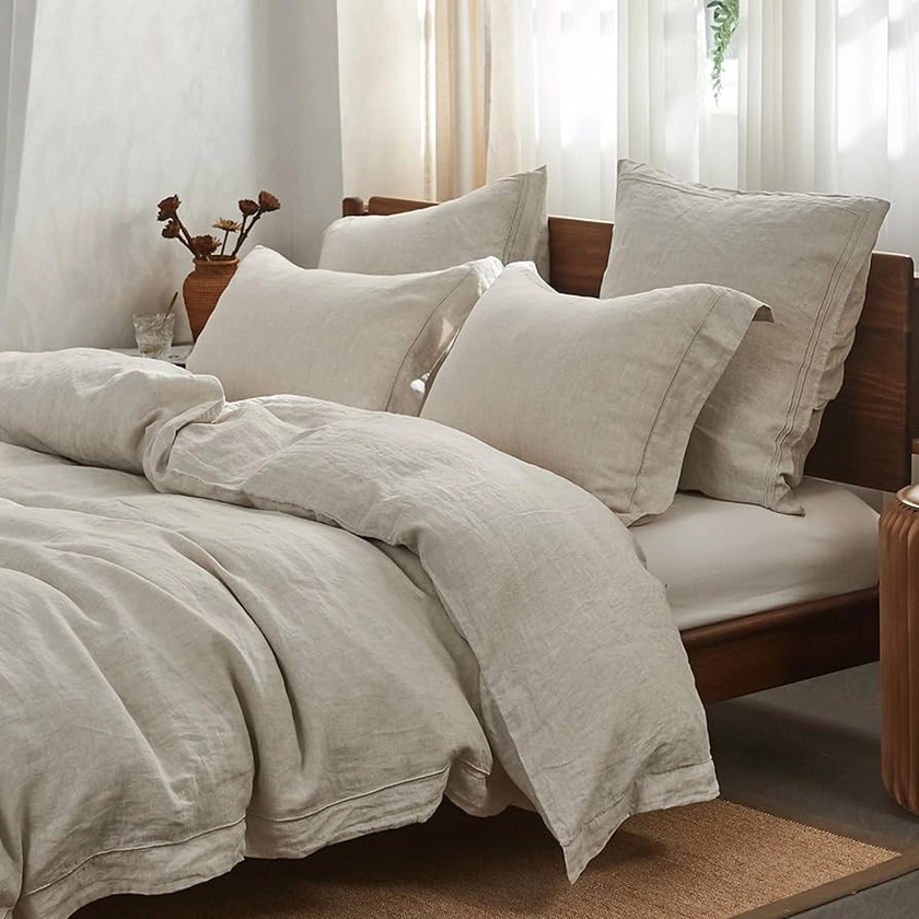 Simple&Opulence 100% Washed Linen Duvet Cover with Embroidered, 3 Pieces Soft Farmhouse Comforter Set with Button Closure,1 Duvet Cover and 2 Pillowshams (California King,Natural Linen)