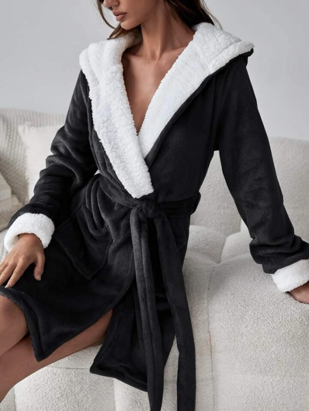 Two Tone Hooded Belted Lounge Robe