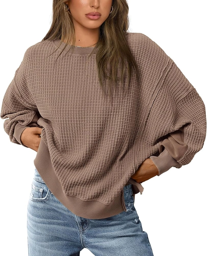 PRETTYGARDEN Women's 2024 Fall Oversized Crewneck Sweatshirts Casual Long Sleeve Pullover Waffle Knit Shirts Top