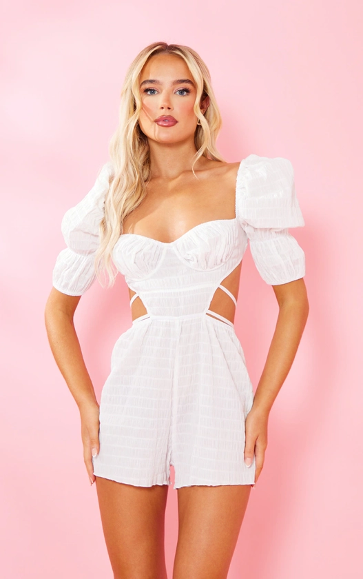 White Shirred Cup Detail Puff Sleeve Playsuit