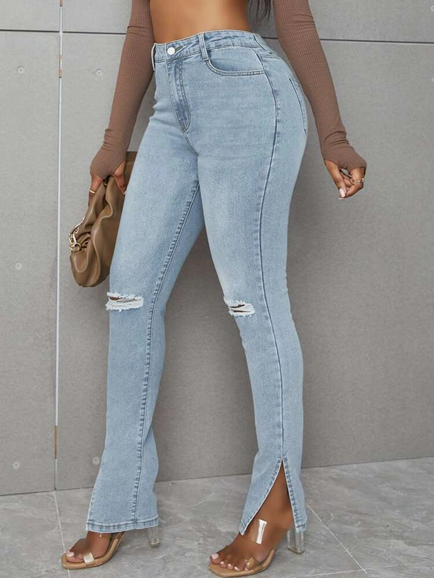 High Waisted Slit Hem Ripped Skinny Jeans